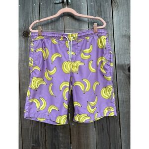 Empyre Banana Print Swim Trunks Purple Novelty Drawstring Shorts S